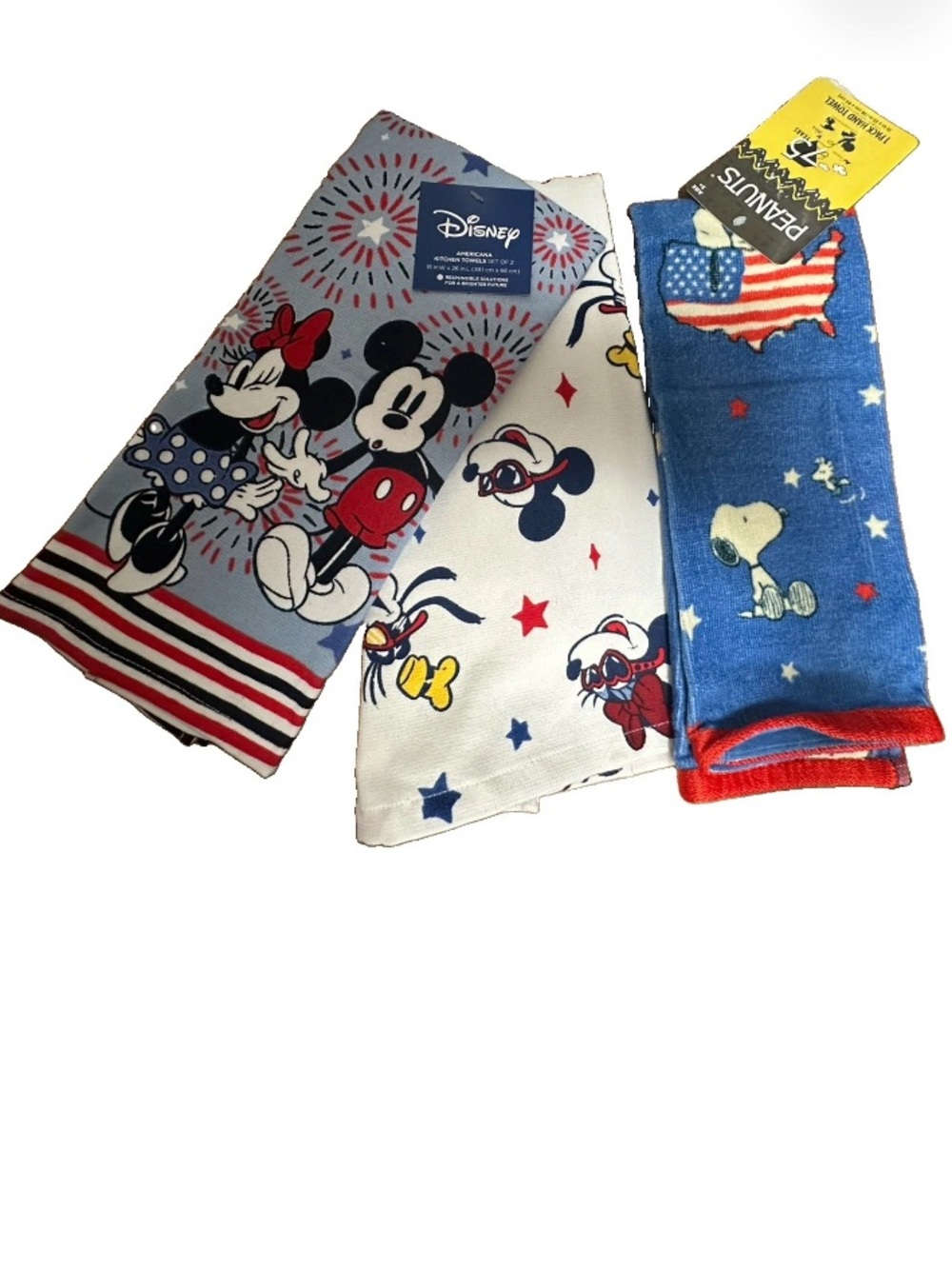 Snoopy and Disney Red White Blue Mickey & Friends Kitchen Towels Set
